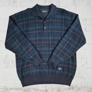 80s Vintage Paul & Shark Yachting Navy Green Tartan Wool Rugby Sweater Size XL